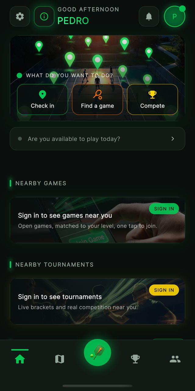 DinkUp home screen — check in, find a game, compete